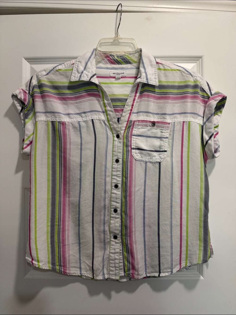 Westbound White Capped-Sleeve Button-Down with Pink, Lime & Navy Stripes